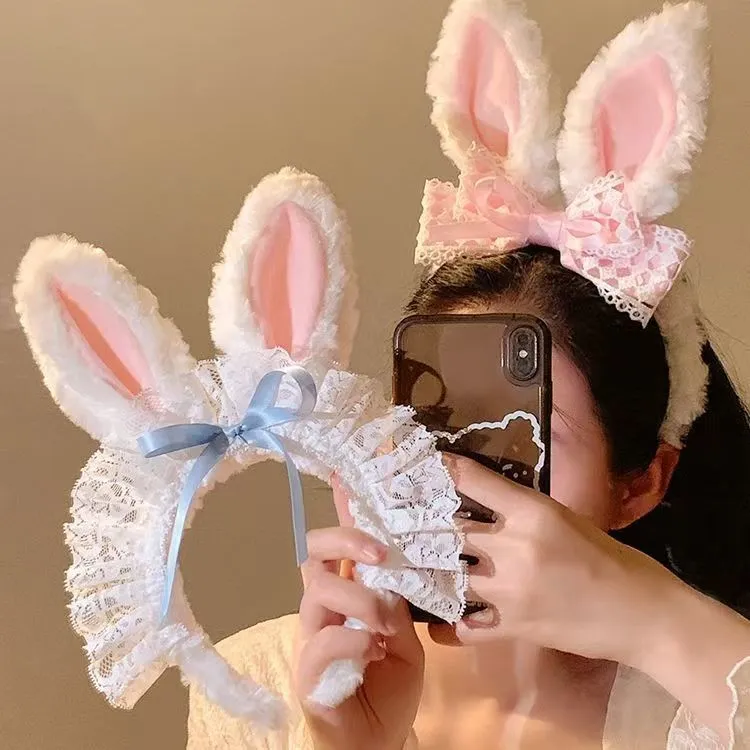 Pink Plush Bunny Ear Headband for Women – Soft Kawaii Face Wash Headband, Sweet Lolita Spa Hair Hoop for Skincare & Makeup, Cute Cosplay Hair Accessory